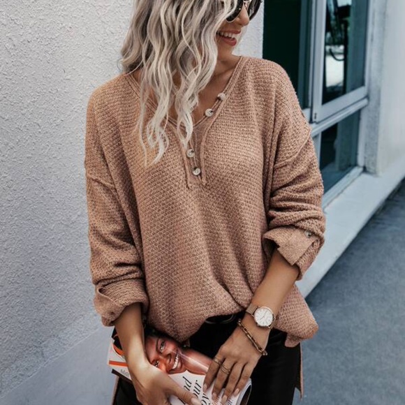 Camel V neck Oversized Knit Sweater Top Minimalist - Picture 4 of 5